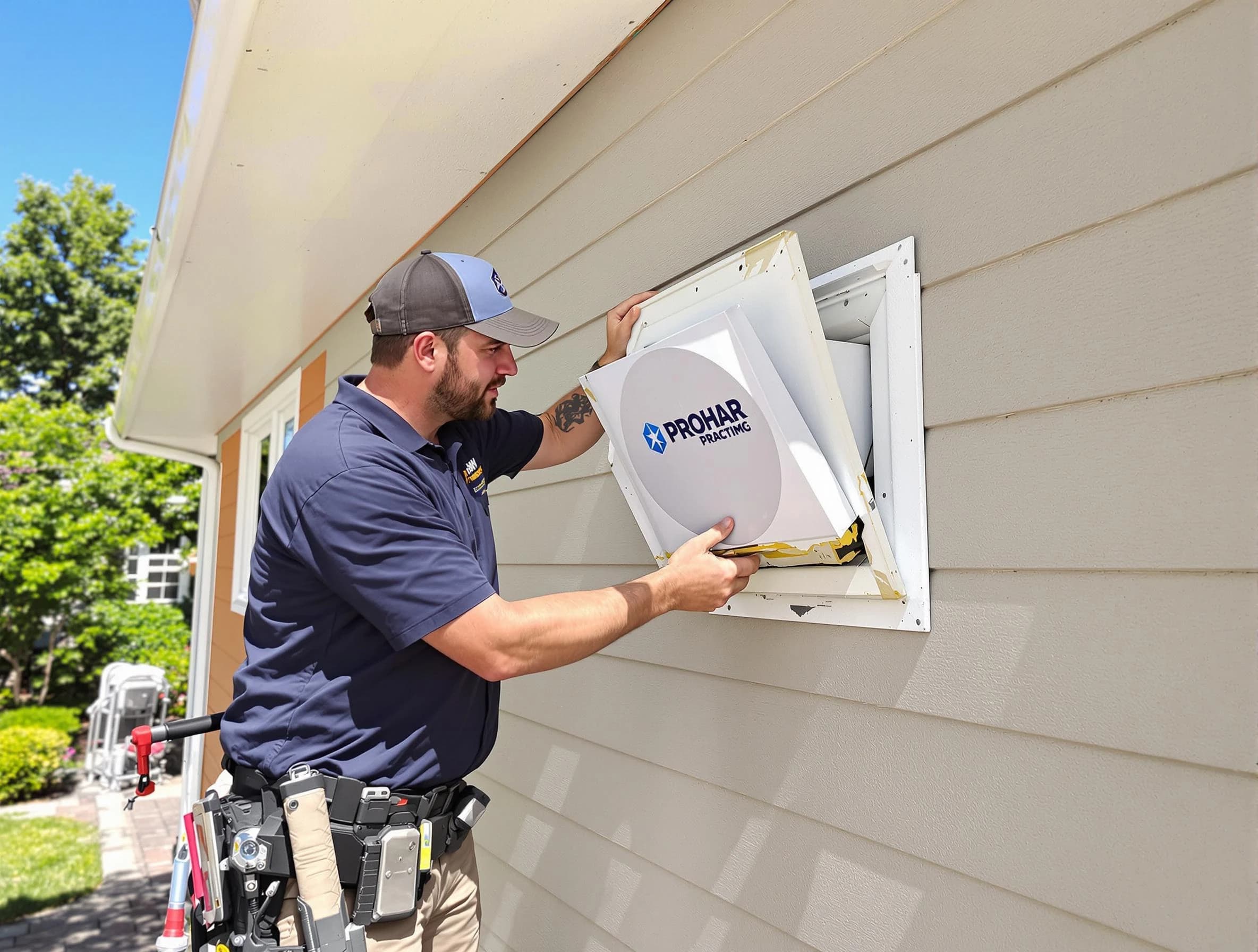 Covington Dryer Vent Cleaning technician installing a new protective dryer vent cover on a home in Covington