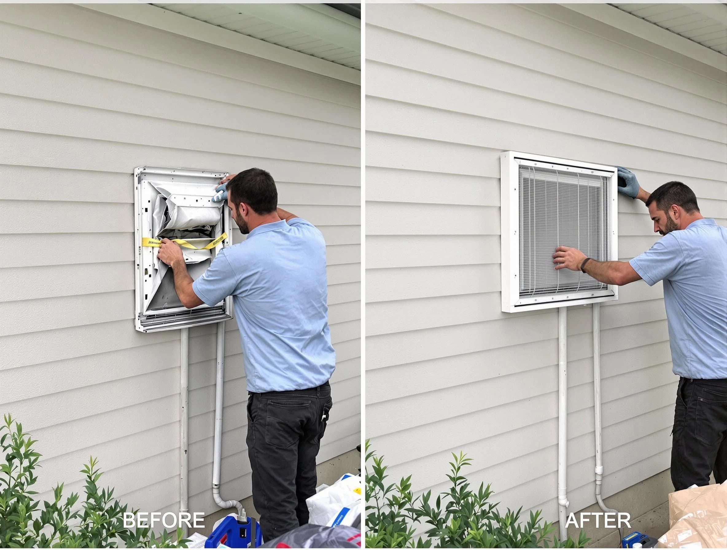 Covington Dryer Vent Cleaning technician installing high-quality dryer vent cover at a residential property in Covington