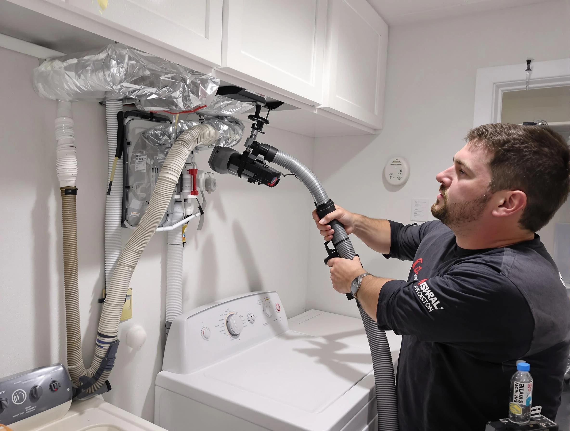 Covington Dryer Vent Cleaning certified technician performing safety-focused gas dryer vent cleaning in Covington