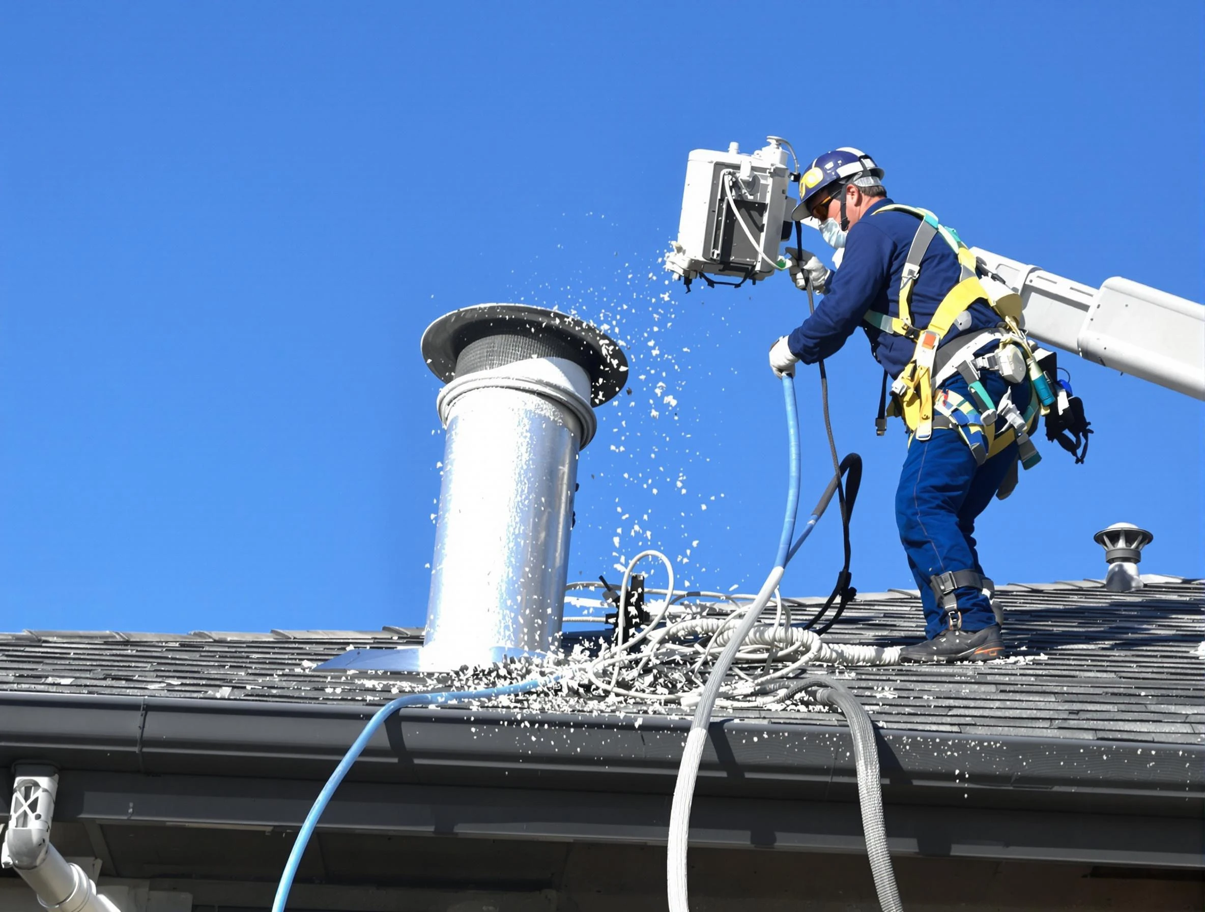 Covington Dryer Vent Cleaning certified technician safely cleaning a roof-mounted dryer vent in Covington